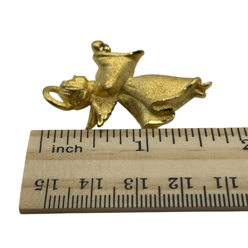 Flying Angel Brooch Pin w/ Bell Gold Tone Matte Textured VTG Religious Christian
